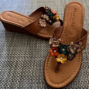 MARIELLA Made In Italy Camel Leather Colorful 3D Flower Wedge Sandals 9.5 Boho